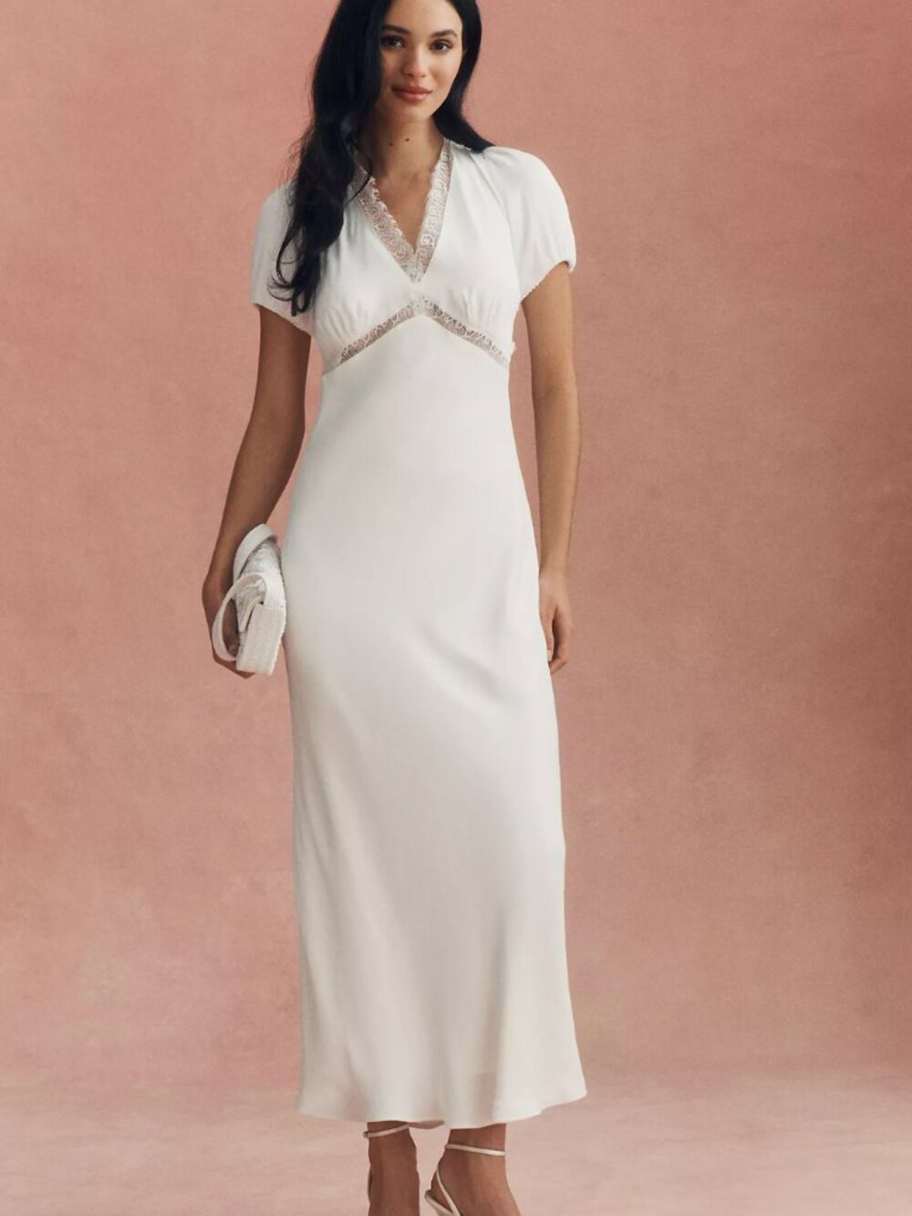 BHLDN Satin Lace-Trimmed Short-Sleeve V-Neck Slip Dress